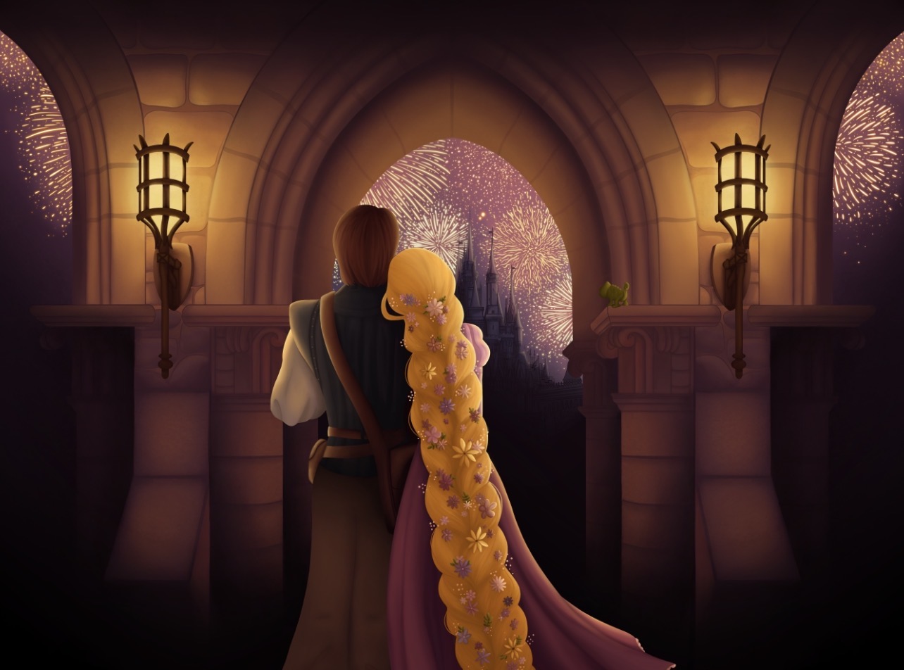 Rapunzel and Flynn watching floating lanterns by Kyree Tilsher